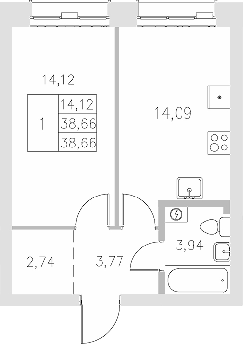 Планировка — Statum, 1-комн., 39 м²