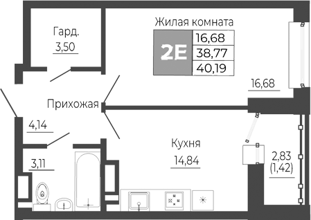 Планировка — Иловайский, 2-комн., 39 м²