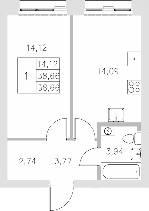 Планировка — Statum, 1-комн., 39 м²