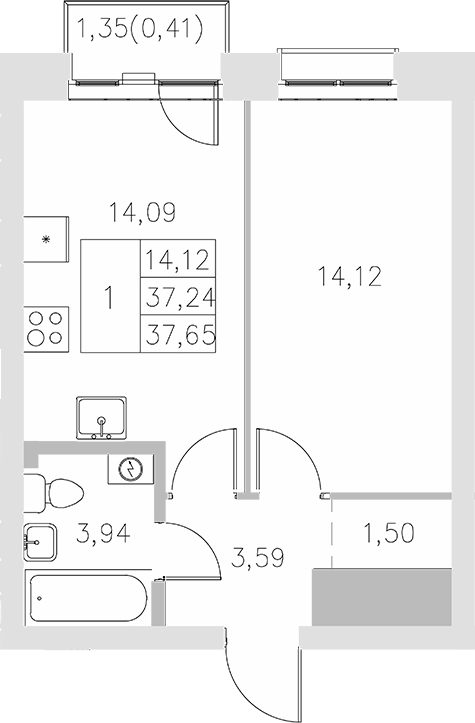 Планировка — Statum, 1-комн., 37 м²
