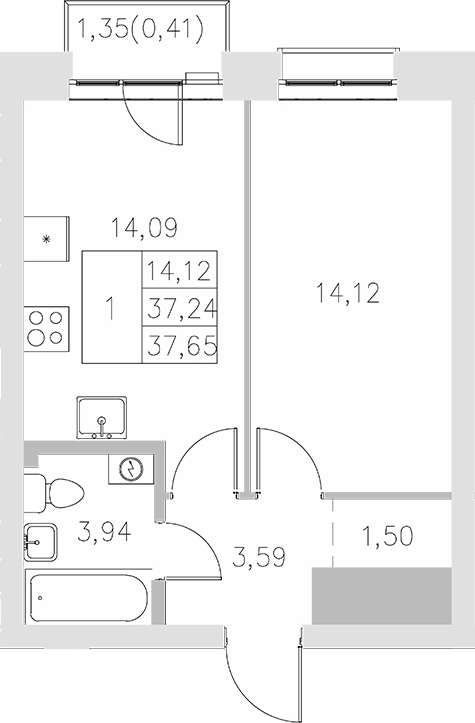 Планировка — Statum, 1-комн., 37 м²