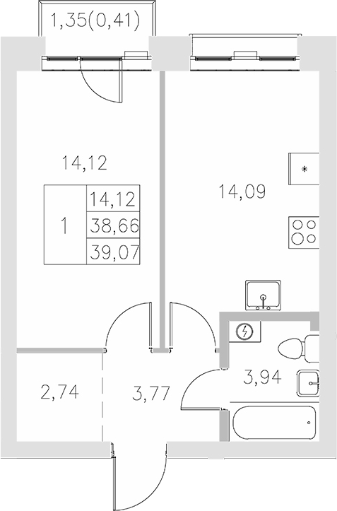Планировка — Statum, 1-комн., 39 м²