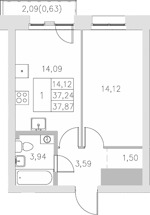 Планировка — Statum, 1-комн., 37 м²