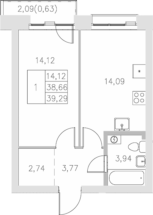 Планировка — Statum, 1-комн., 39 м²