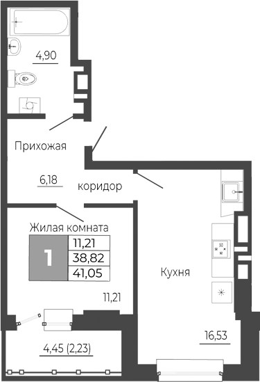 Планировка — Иловайский, 1-комн., 39 м²