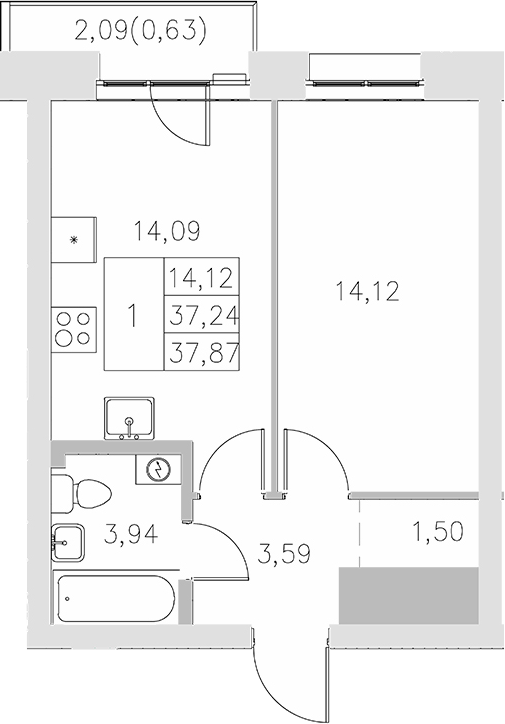 Планировка — Statum, 1-комн., 37 м²