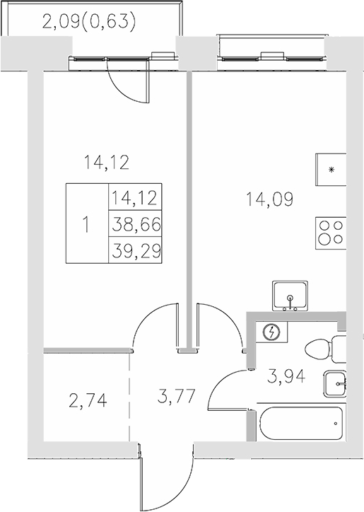 Планировка — Statum, 1-комн., 39 м²