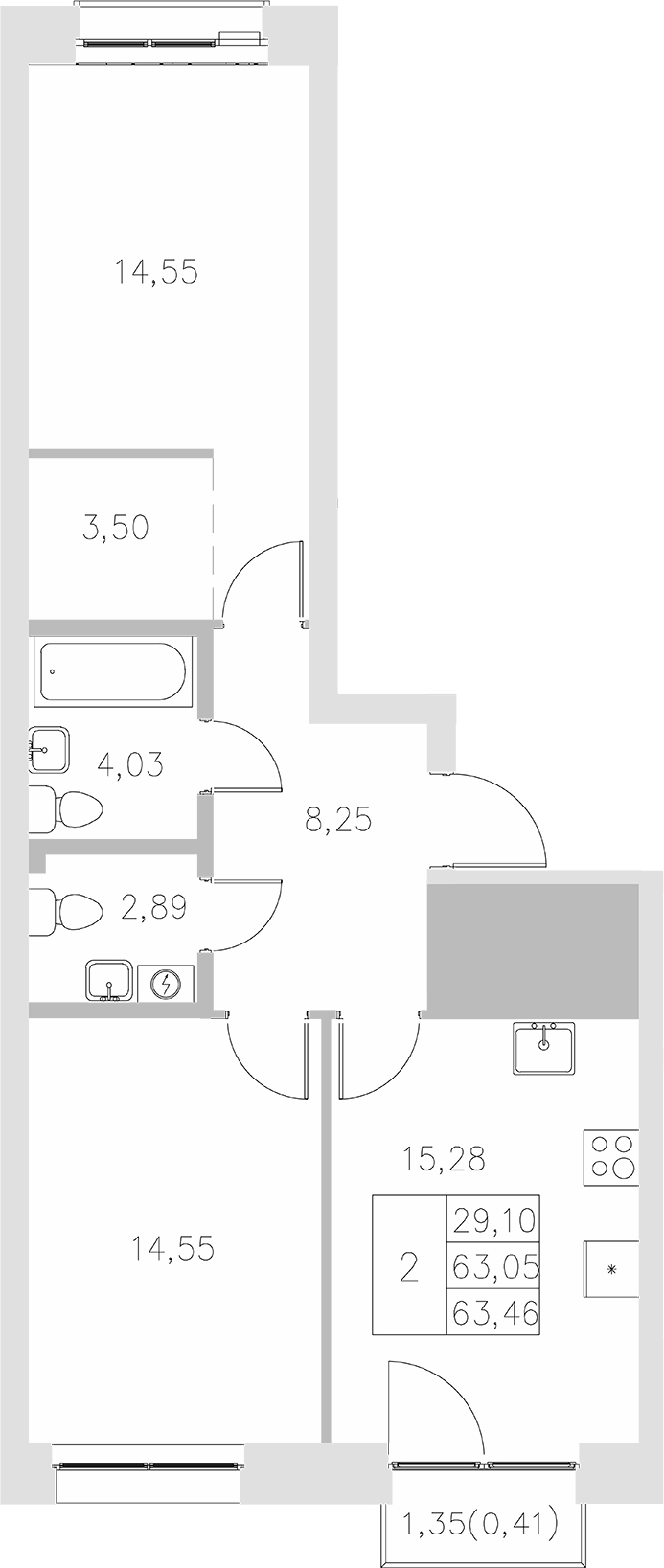 Планировка — Statum, 2-комн., 63 м²