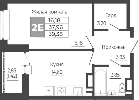 Планировка — Иловайский, 2-комн., 38 м²