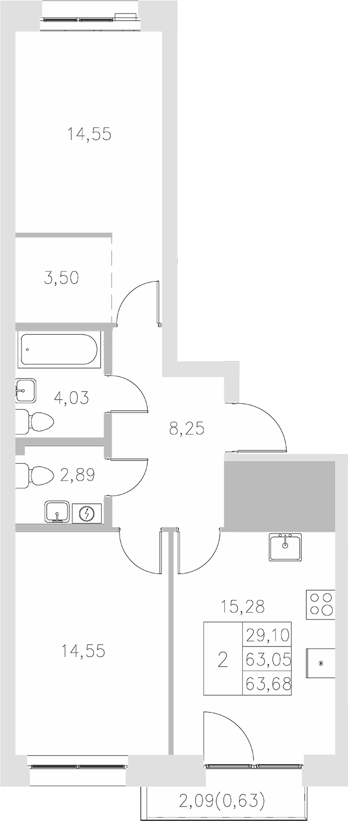 Планировка — Statum, 2-комн., 63 м²