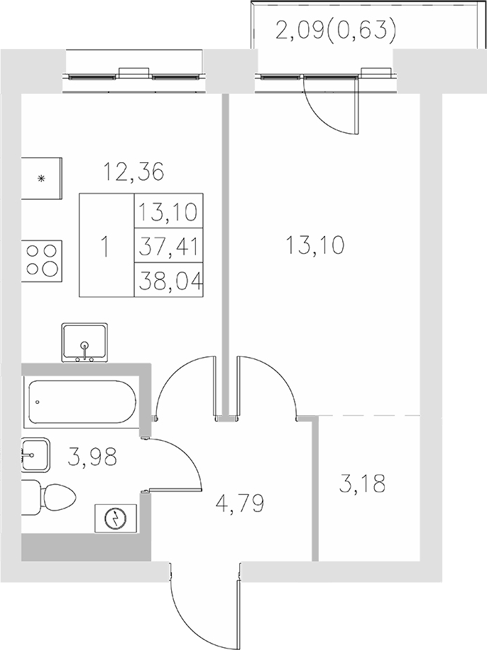 Планировка — Statum, 1-комн., 37 м²