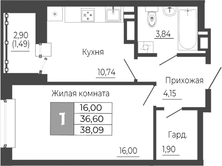 Планировка — Иловайский, 1-комн., 37 м²