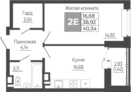 Планировка — Иловайский, 2-комн., 39 м²