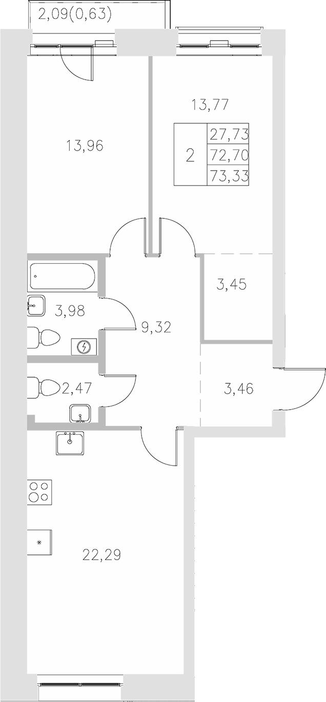 Планировка — Statum, 2-комн., 73 м²