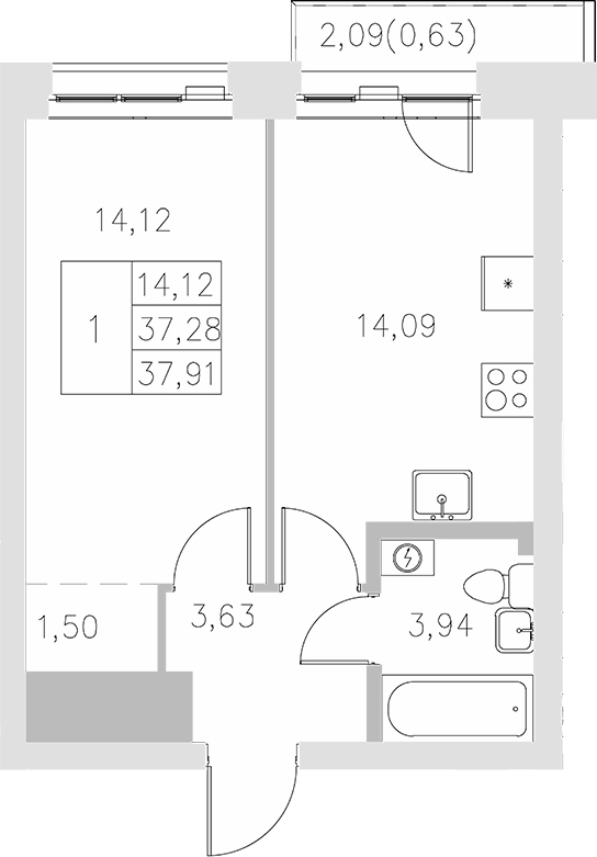 Планировка — Statum, 1-комн., 37 м²