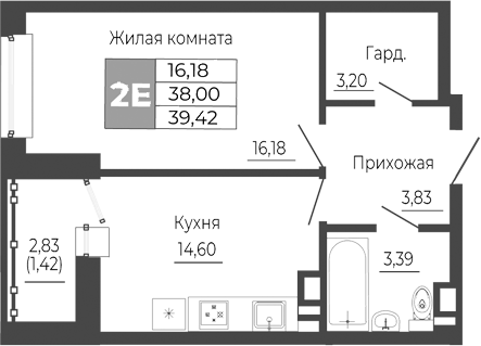 Планировка — Иловайский, 2-комн., 38 м²