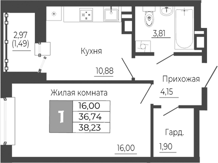 Планировка — Иловайский, 1-комн., 37 м²