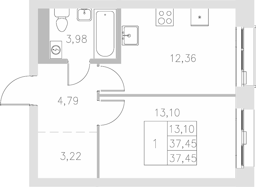 Планировка — Statum, 1-комн., 37 м²