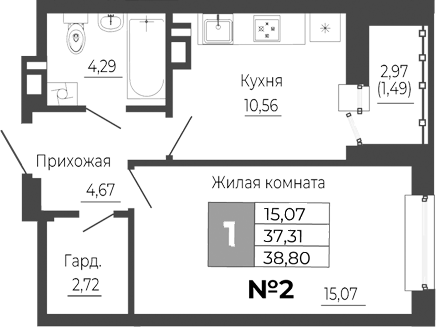 Планировка — Иловайский, 1-комн., 37 м²