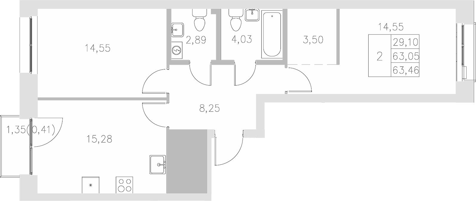 Планировка — Statum, 2-комн., 63 м²