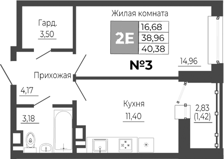 Планировка — Иловайский, 2-комн., 39 м²