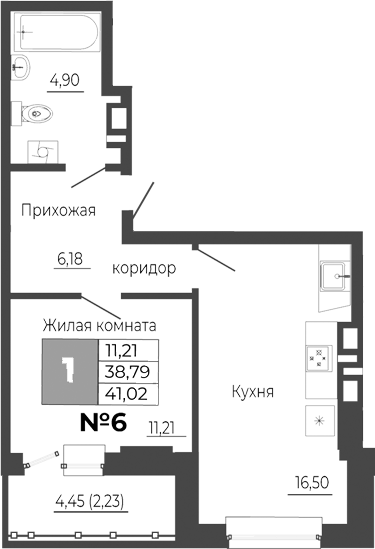 Планировка — Иловайский, 1-комн., 39 м²