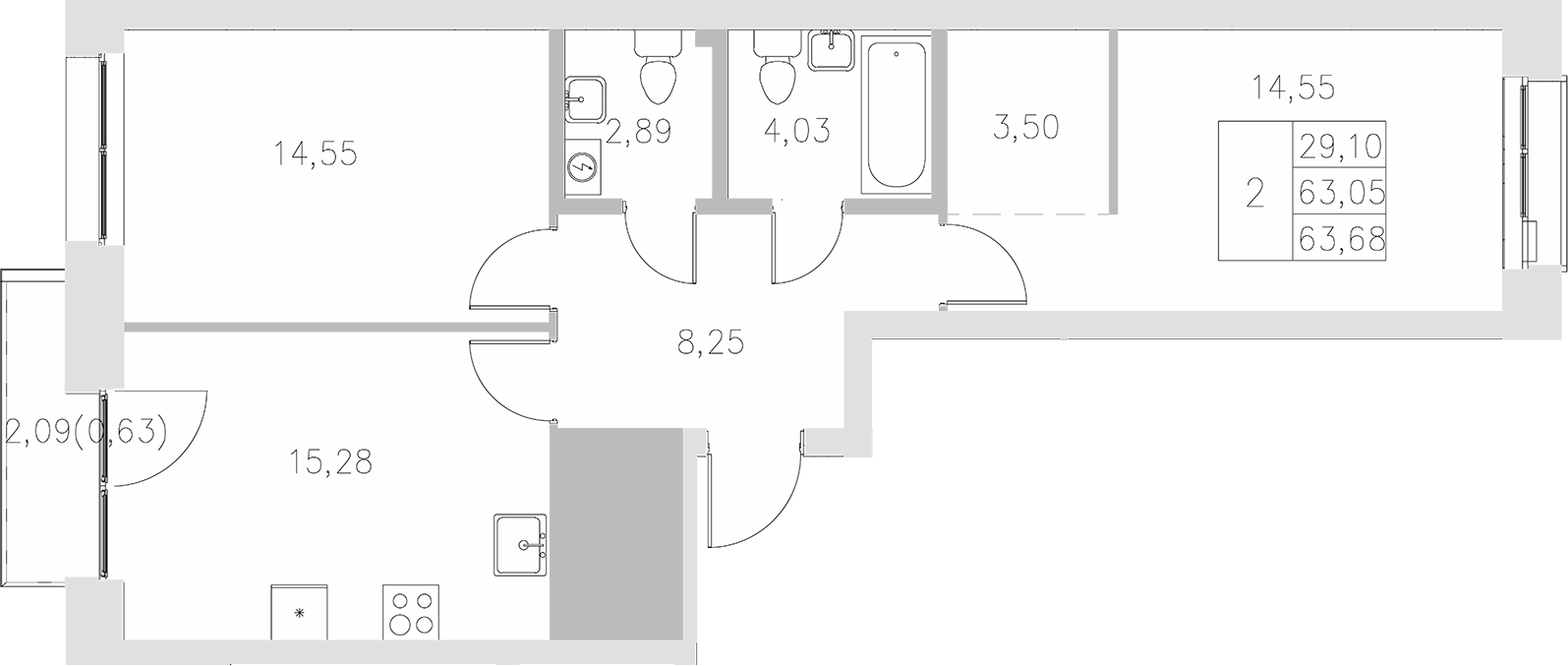 Планировка — Statum, 2-комн., 63 м²