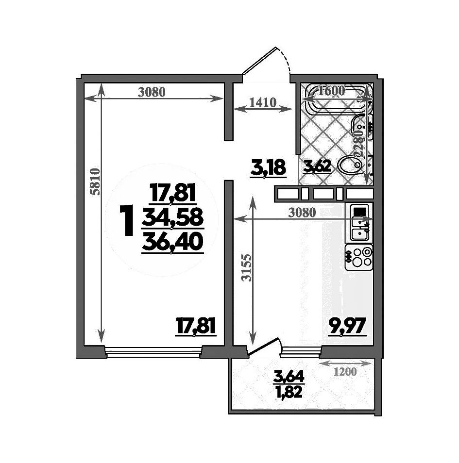 Планировка — Суворовский, 1-комн., 35 м²
