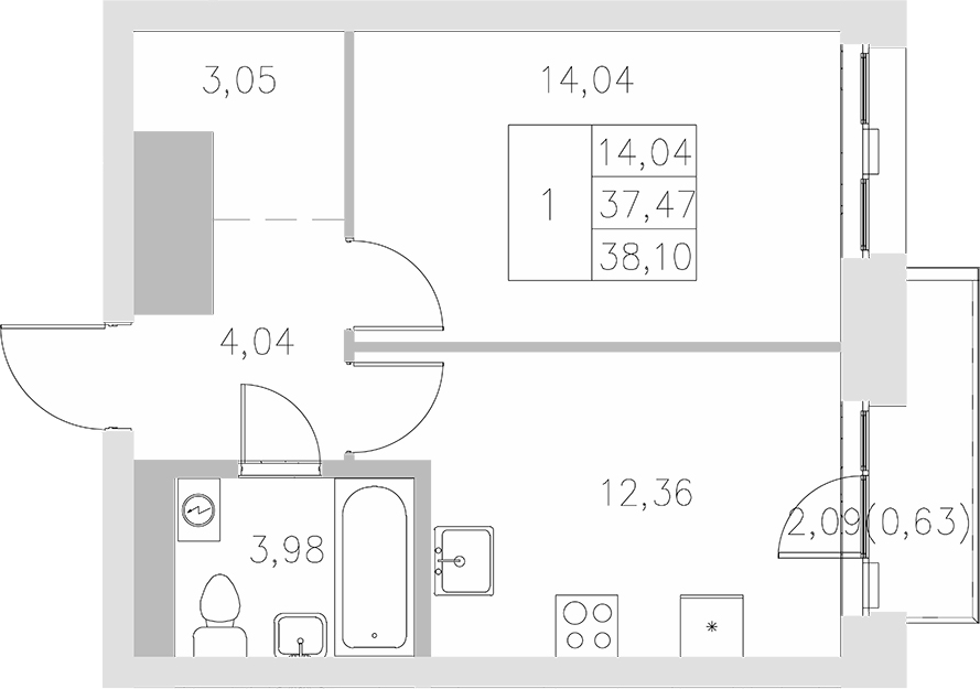 Планировка — Statum, 1-комн., 37 м²