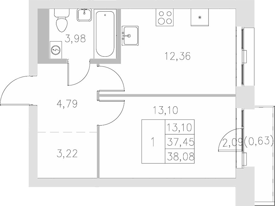 Планировка — Statum, 1-комн., 37 м²