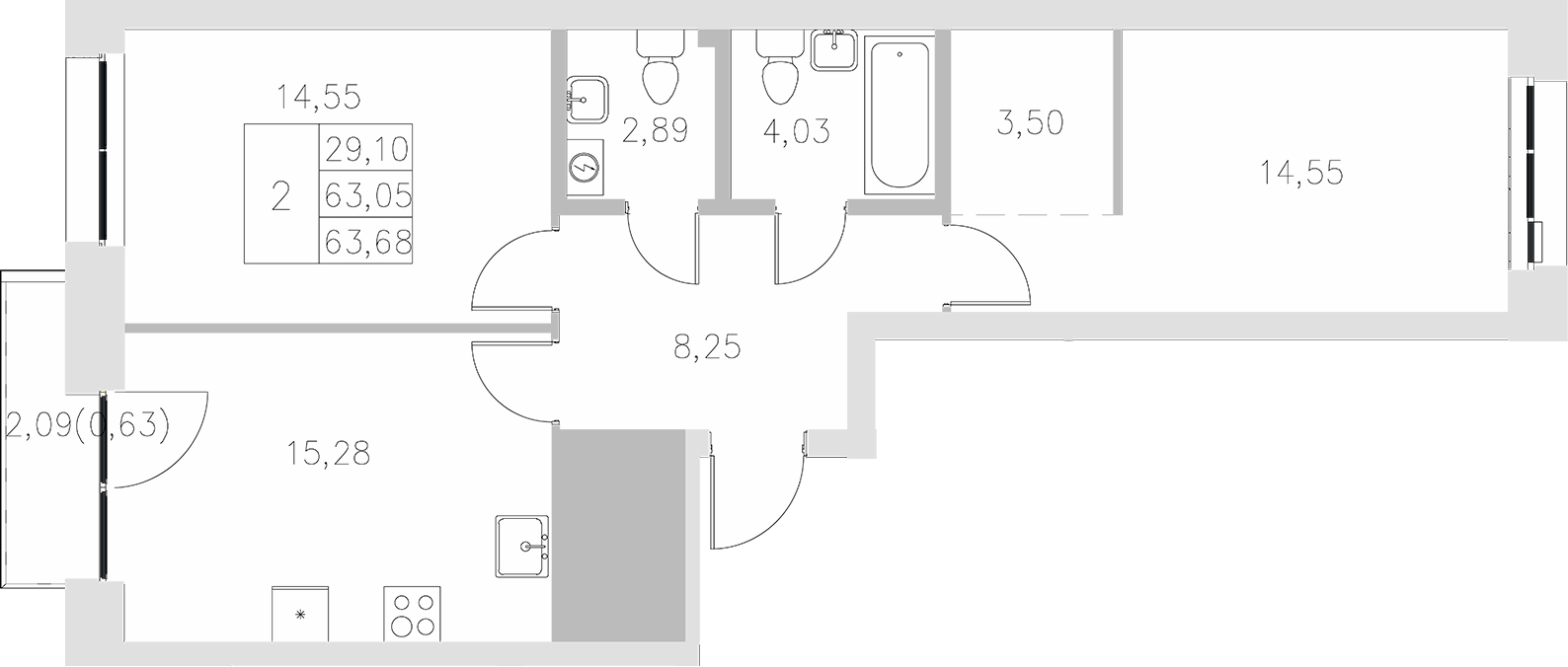 Планировка — Statum, 2-комн., 63 м²