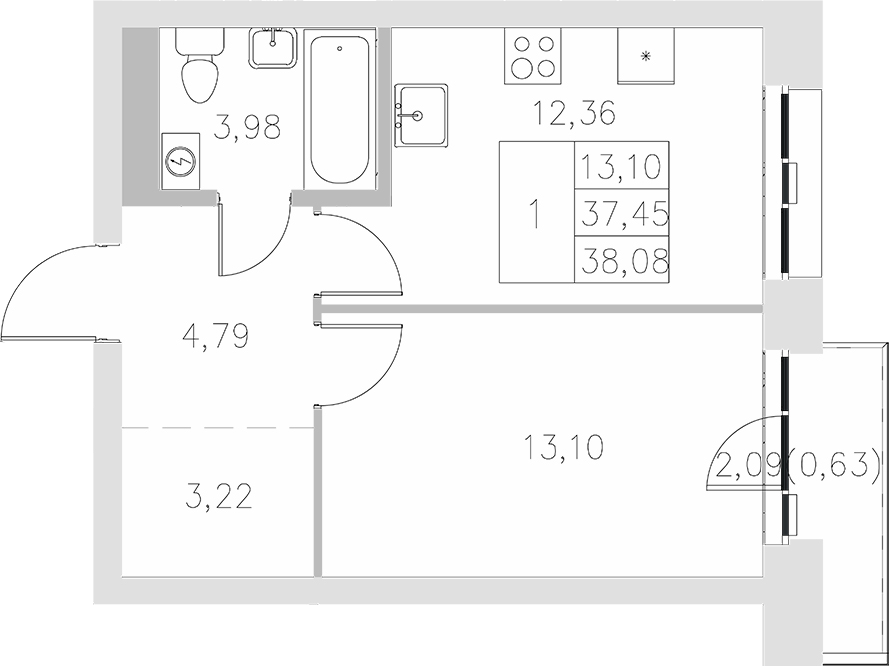 Планировка — Statum, 1-комн., 37 м²