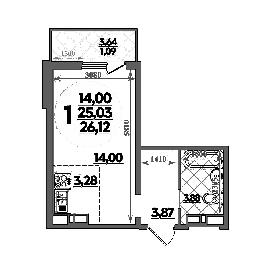 Планировка — Суворовский, Студия, 25 м²