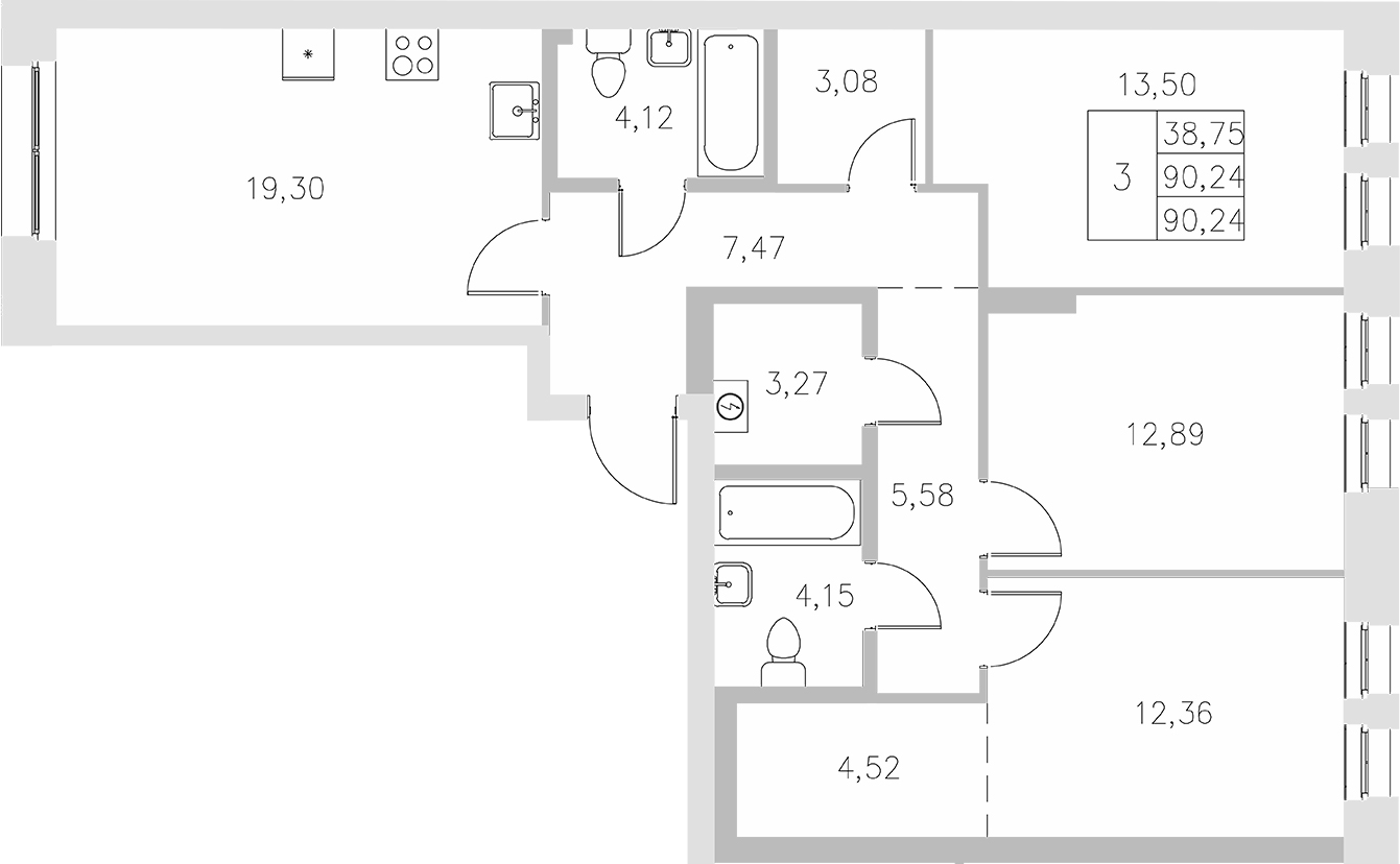 Планировка — Statum, 3-комн., 90 м²