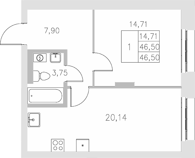 Планировка — Statum, 1-комн., 47 м²