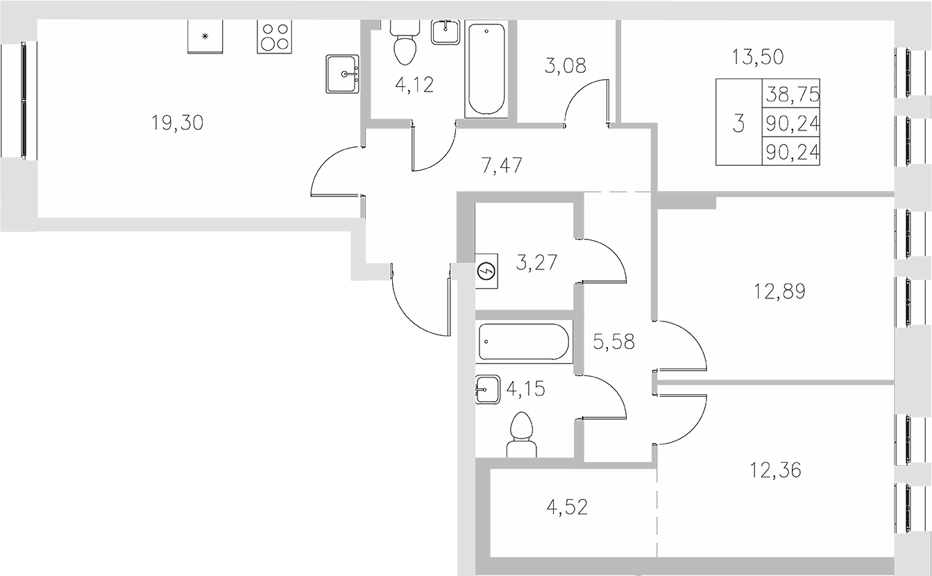 Планировка — Statum, 3-комн., 90 м²