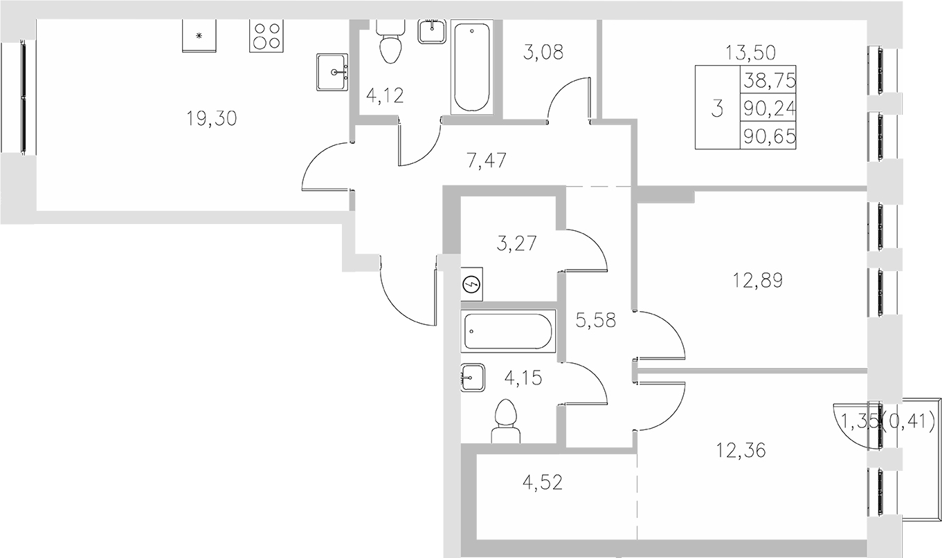 Планировка — Statum, 3-комн., 90 м²