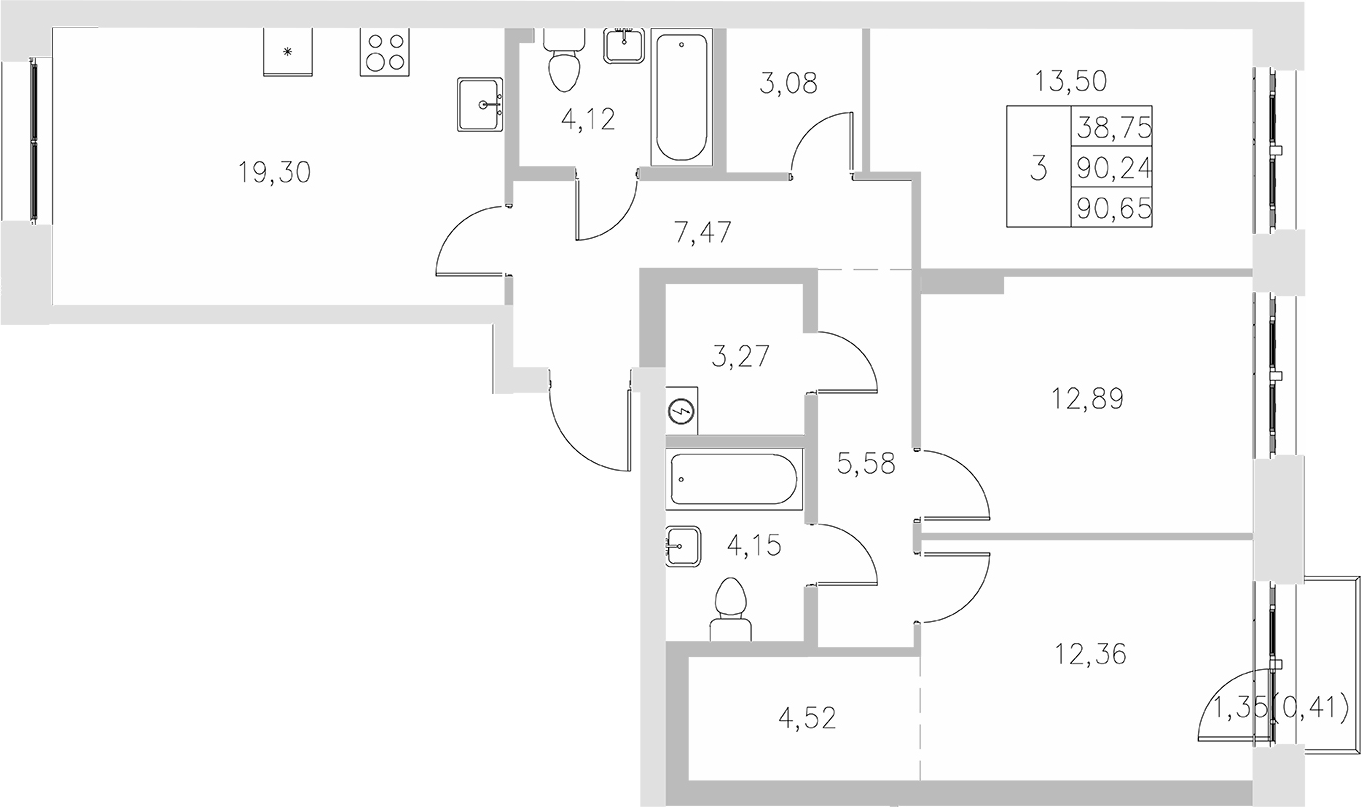 Планировка — Statum, 3-комн., 90 м²