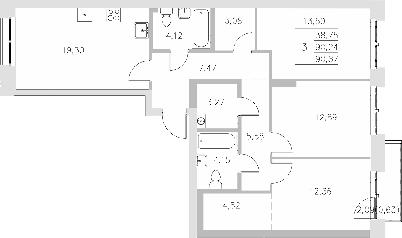 Планировка — Statum, 3-комн., 90 м²