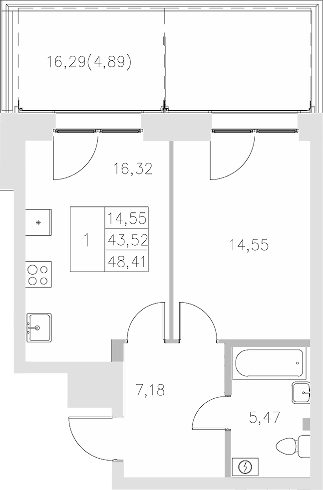 Планировка — Statum, 1-комн., 44 м²