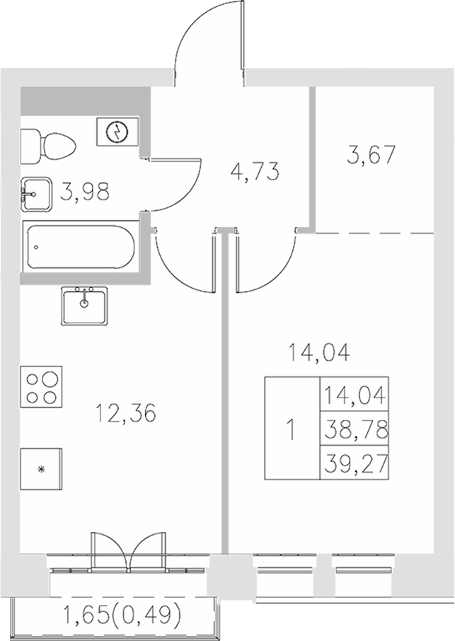 Планировка — Statum, 1-комн., 39 м²