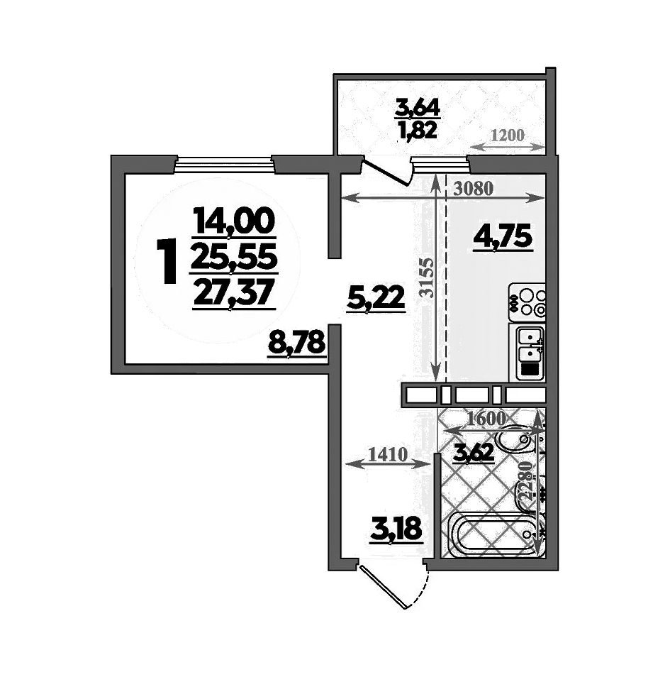 Планировка — Суворовский, Студия, 26 м²