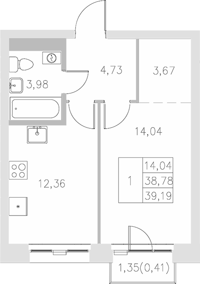 Планировка — Statum, 1-комн., 39 м²