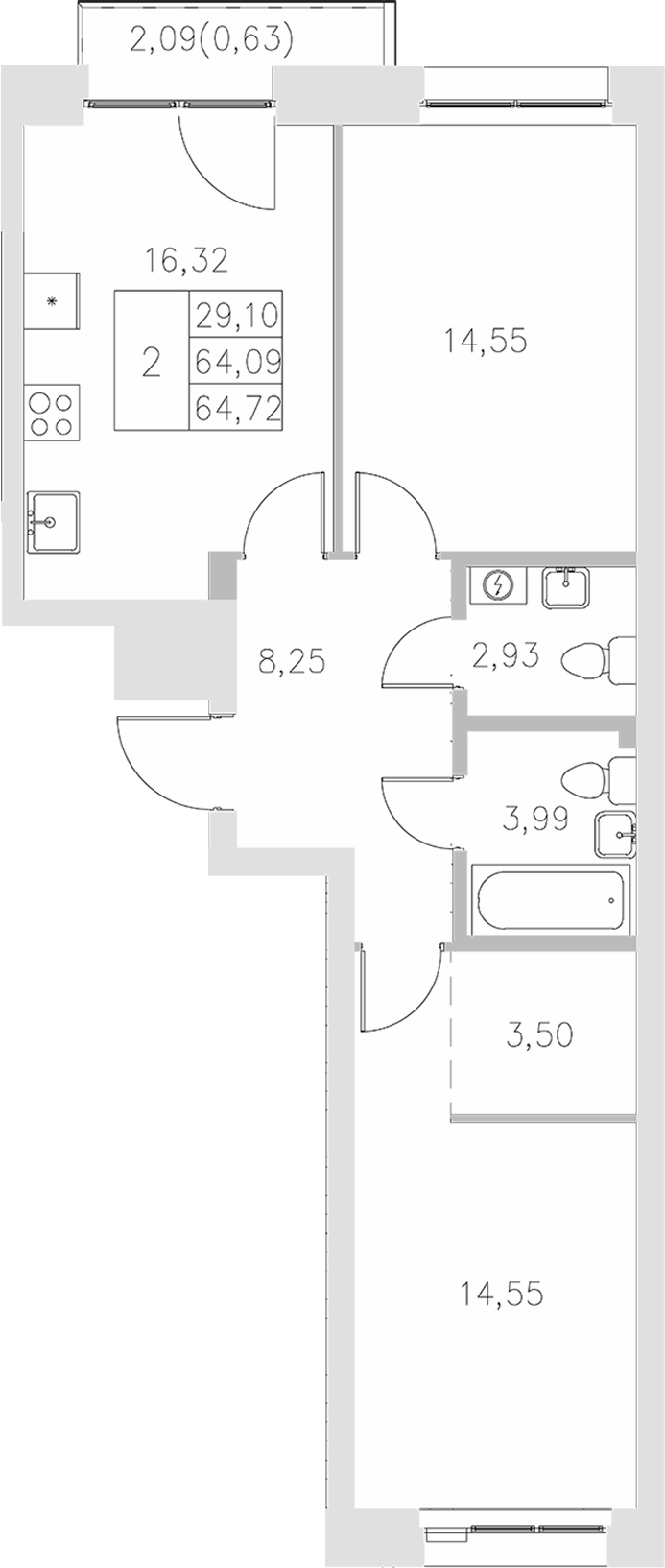 Планировка — Statum, 2-комн., 64 м²