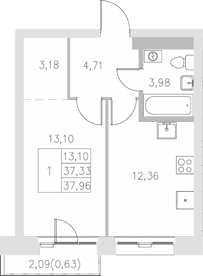 Планировка — Statum, 1-комн., 37 м²