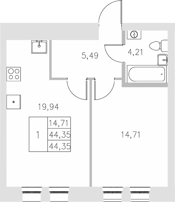 Планировка — Statum, 1-комн., 44 м²
