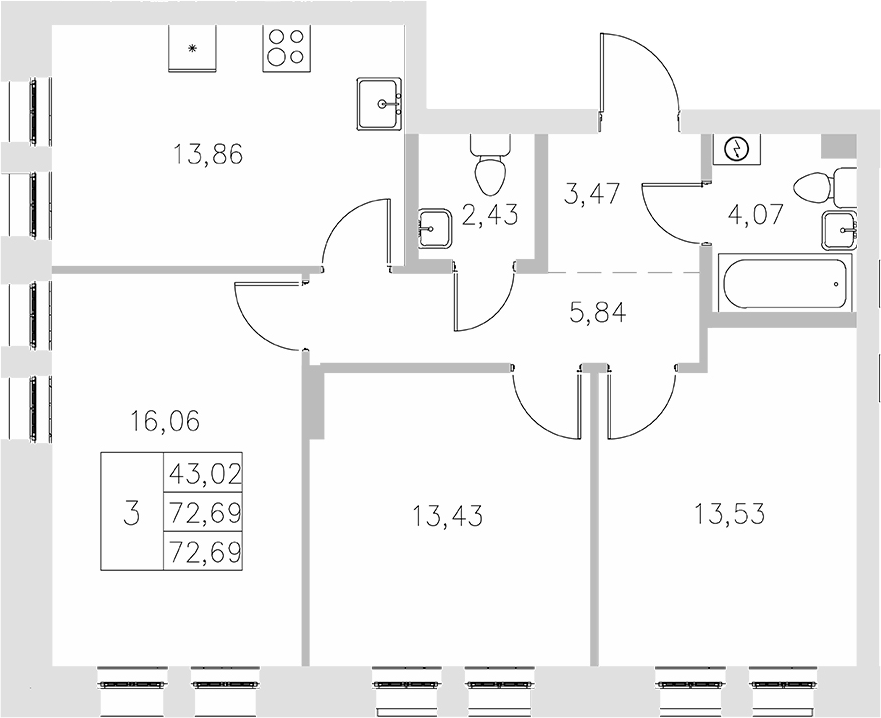 Планировка — Statum, 3-комн., 73 м²