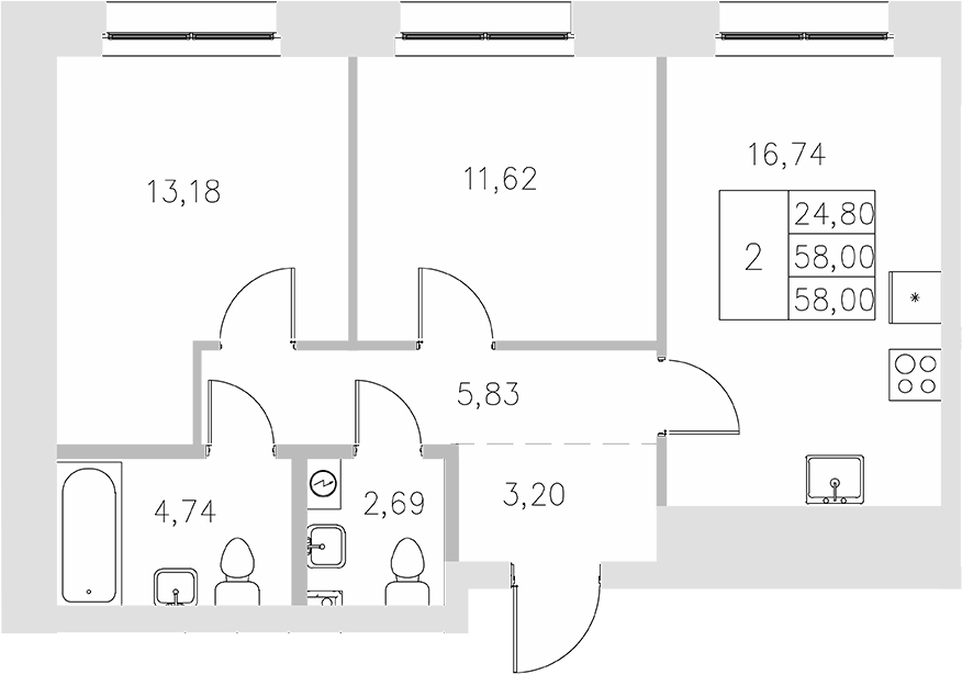Планировка — Statum, 2-комн., 58 м²