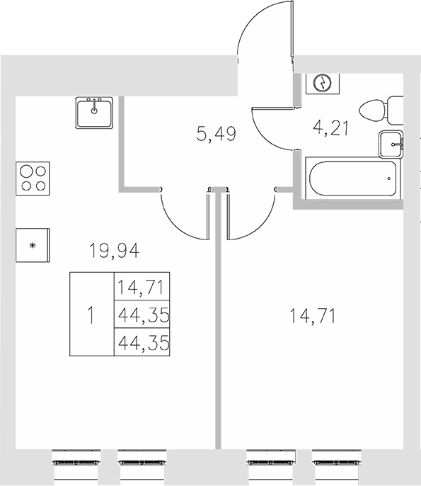 Планировка — Statum, 1-комн., 44 м²
