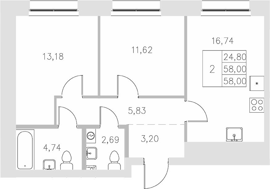 Планировка — Statum, 2-комн., 58 м²